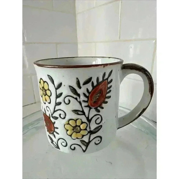 Vintage Stoneware Yellow & Orange Flowers Coffee Mug Vintage - Picture 1 of 14